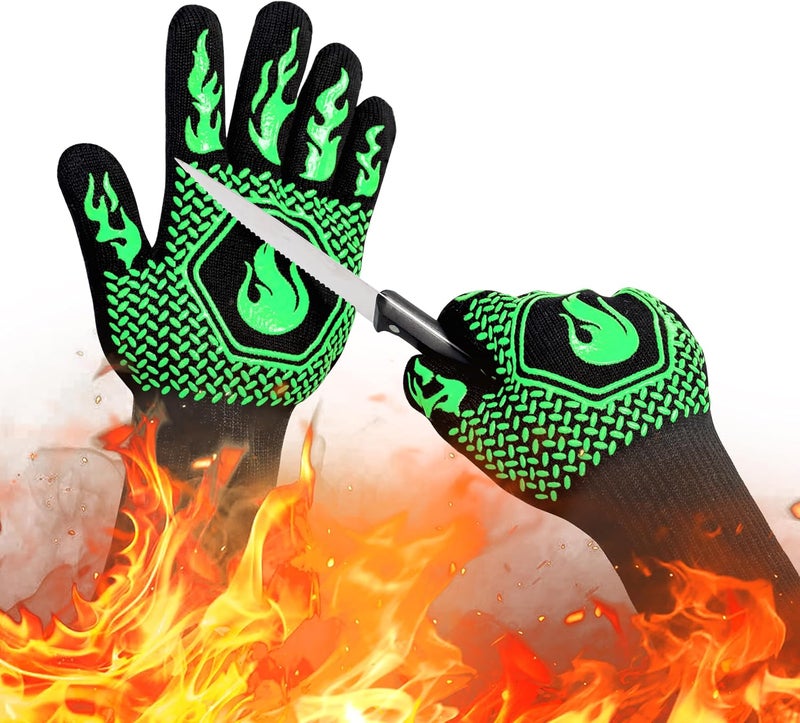 DKHDBD BBQ Fireproof Gloves, Grill Cut-Resistant Gloves 1472°F Heat Resistant Gloves, Non-Slip Silicone Oven Gloves, Kitchen Safe Cooking Gloves for Oven Mitts,Barbecue,Cooking, Frying,13.5 Inch-Green - Image 1